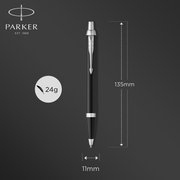 slide 5 of 5, Parker Im Ballpoint Pen, Medium Point, 0.7 Mm, Matte Black/Chrome Barrel, Blue Ink, 1 ct