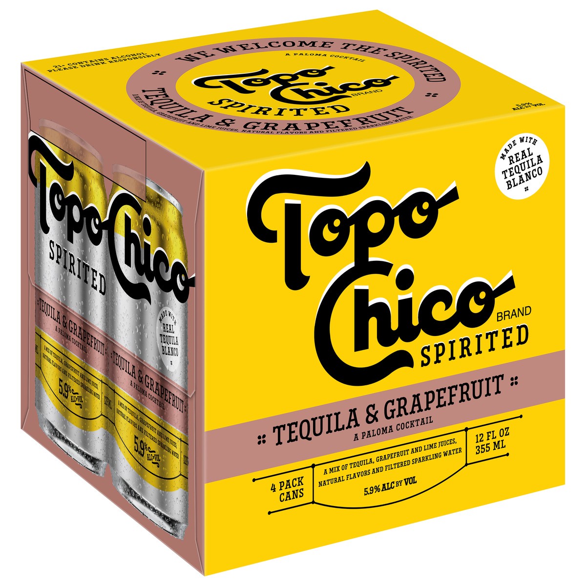 slide 3 of 9, Topo Chico Spirited Tequila & Grapefruit Cocktail, 4 Pack, 12 fl oz Cans, 5.9% ABV, 12 fl oz