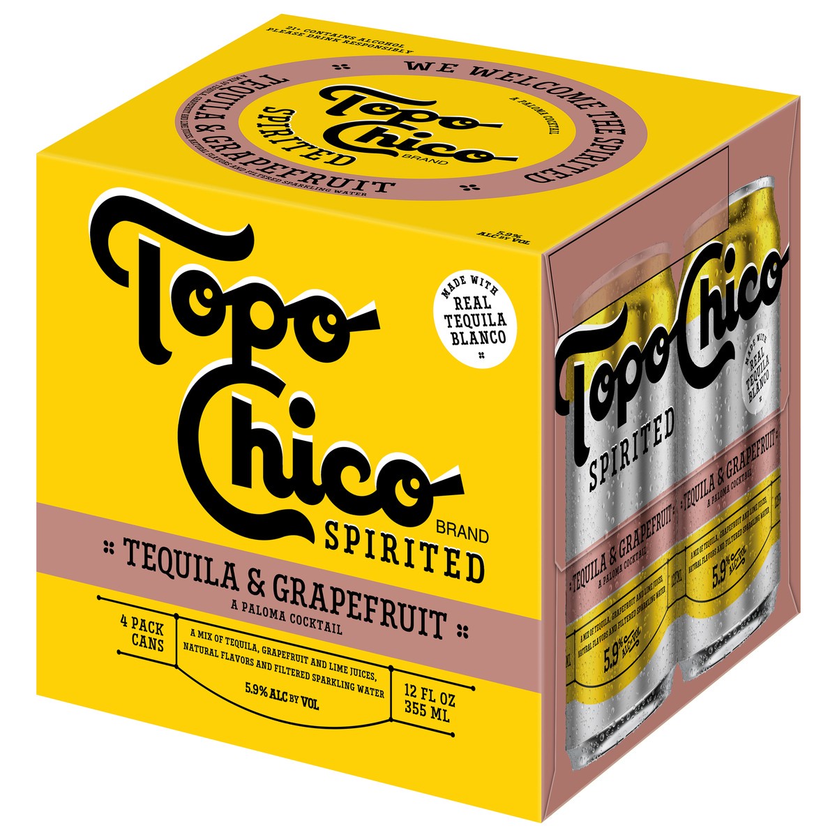 slide 5 of 9, Topo Chico Spirited Tequila & Grapefruit Cocktail, 4 Pack, 12 fl oz Cans, 5.9% ABV, 12 fl oz