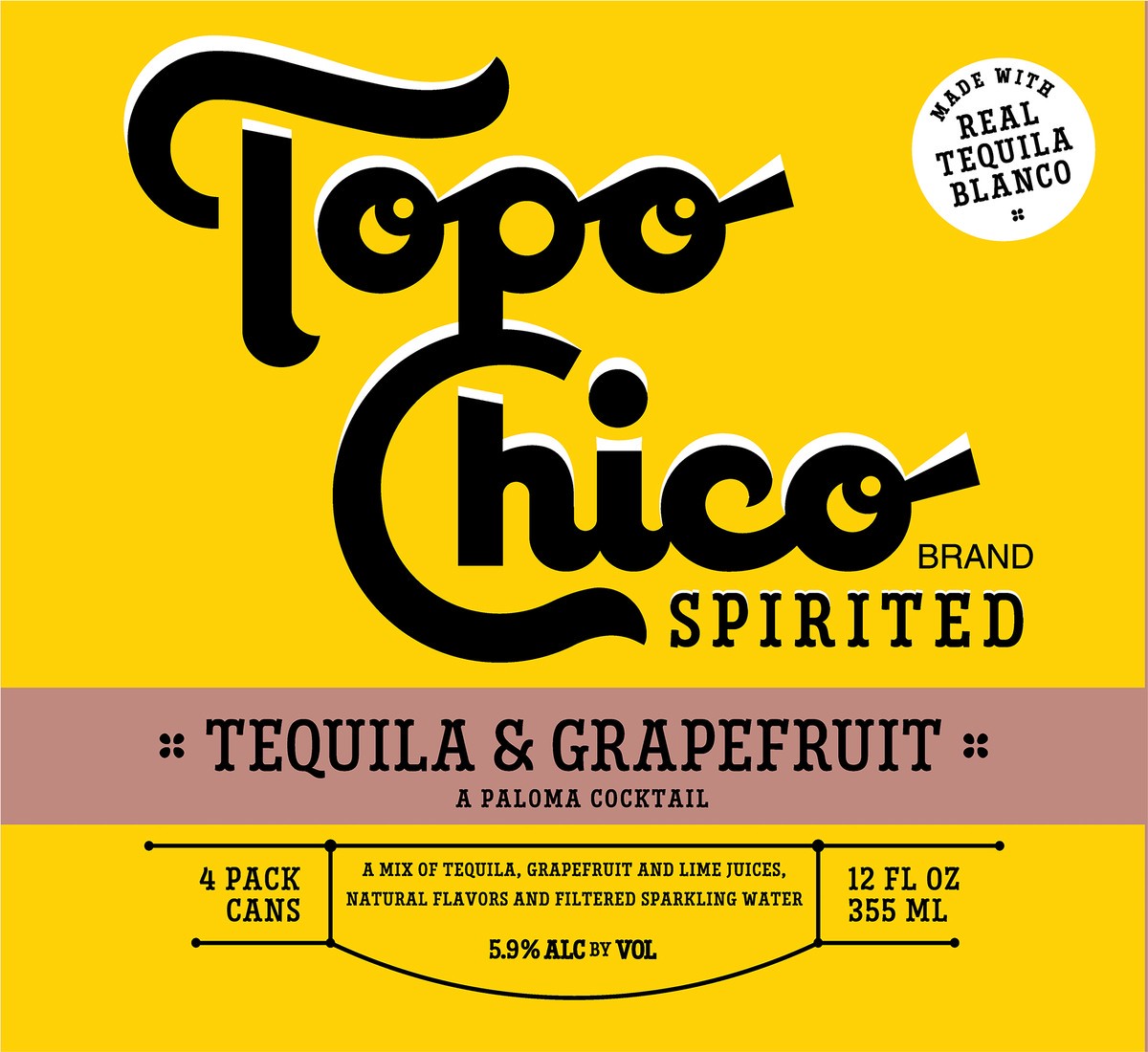 slide 4 of 9, Topo Chico Spirited Tequila & Grapefruit Cocktail, 4 Pack, 12 fl oz Cans, 5.9% ABV, 12 fl oz