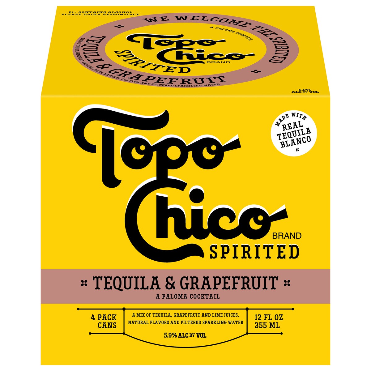 slide 1 of 9, Topo Chico Spirited Tequila & Grapefruit Cocktail, 4 Pack, 12 fl oz Cans, 5.9% ABV, 12 fl oz