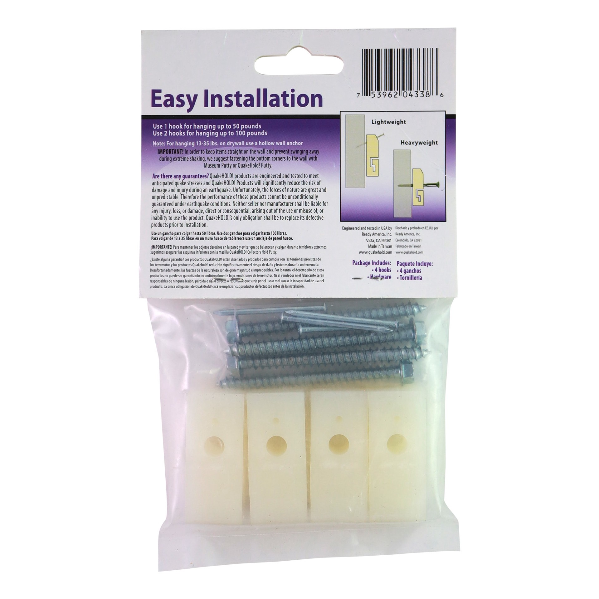 slide 2 of 4, QuakeHOLD! Plastic 100-lb Capacity Hanging hooks and nails 4 - Pack, 1 ct