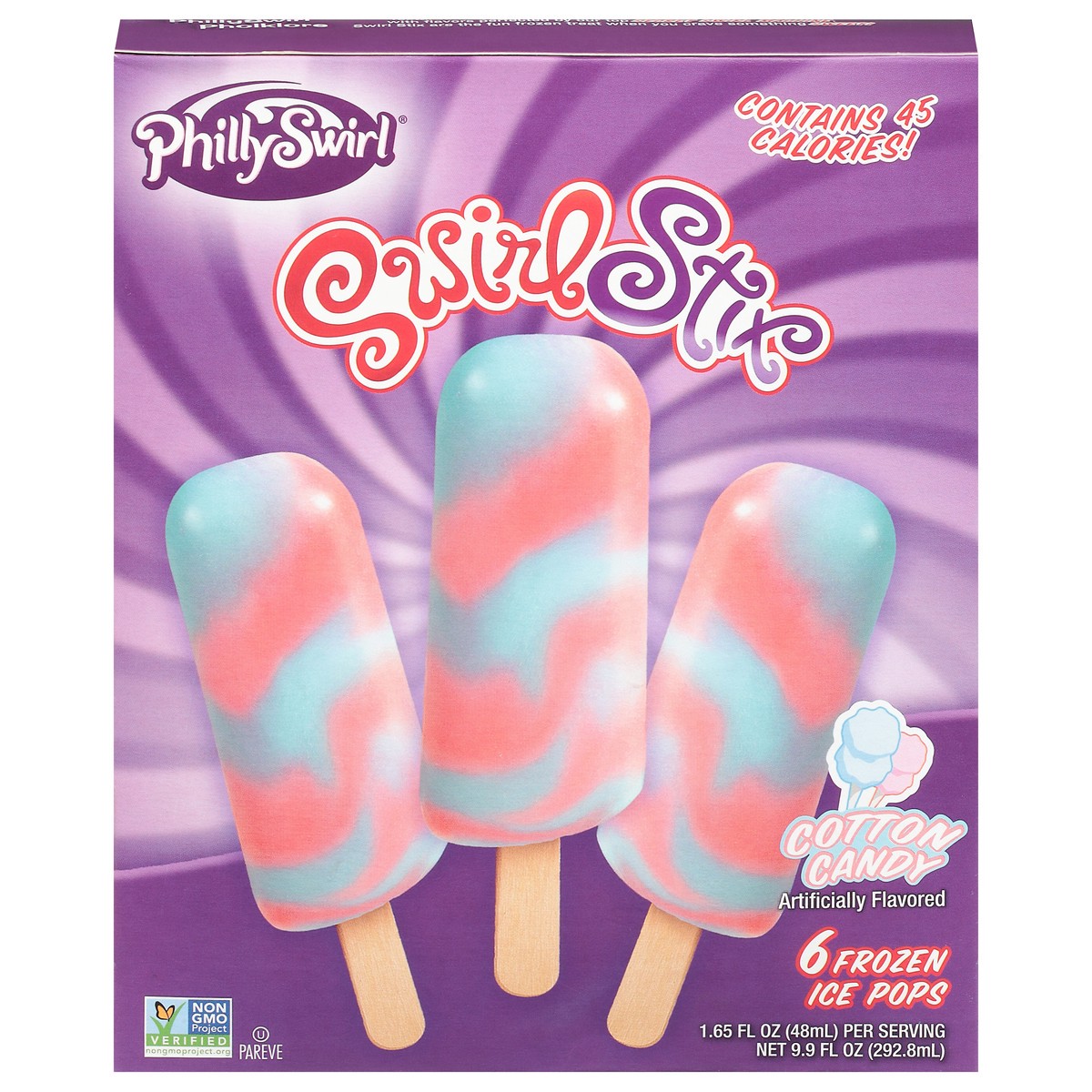 slide 1 of 9, PhillySwirl SwirlStix Cotton Candy Frozen Ice Pops 6 - 1.65 fl oz Packs, 9.9 oz