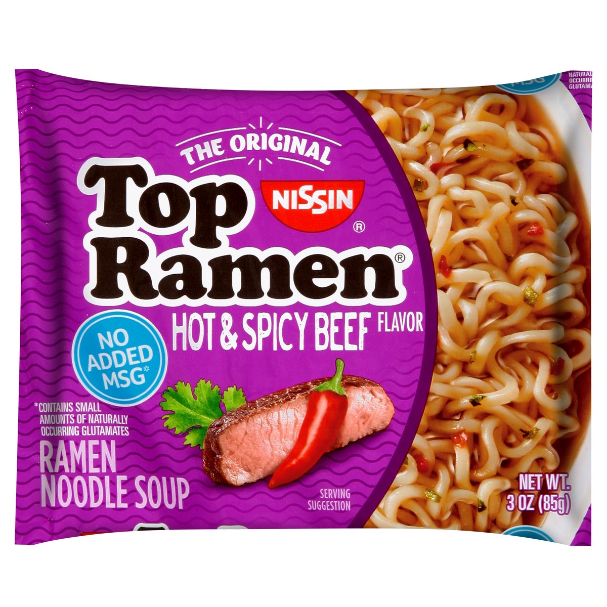 slide 1 of 2, Nissin Top Ramen Hot & Spicy Beef Ramen Noodle Soup 3 oz, 3 oz