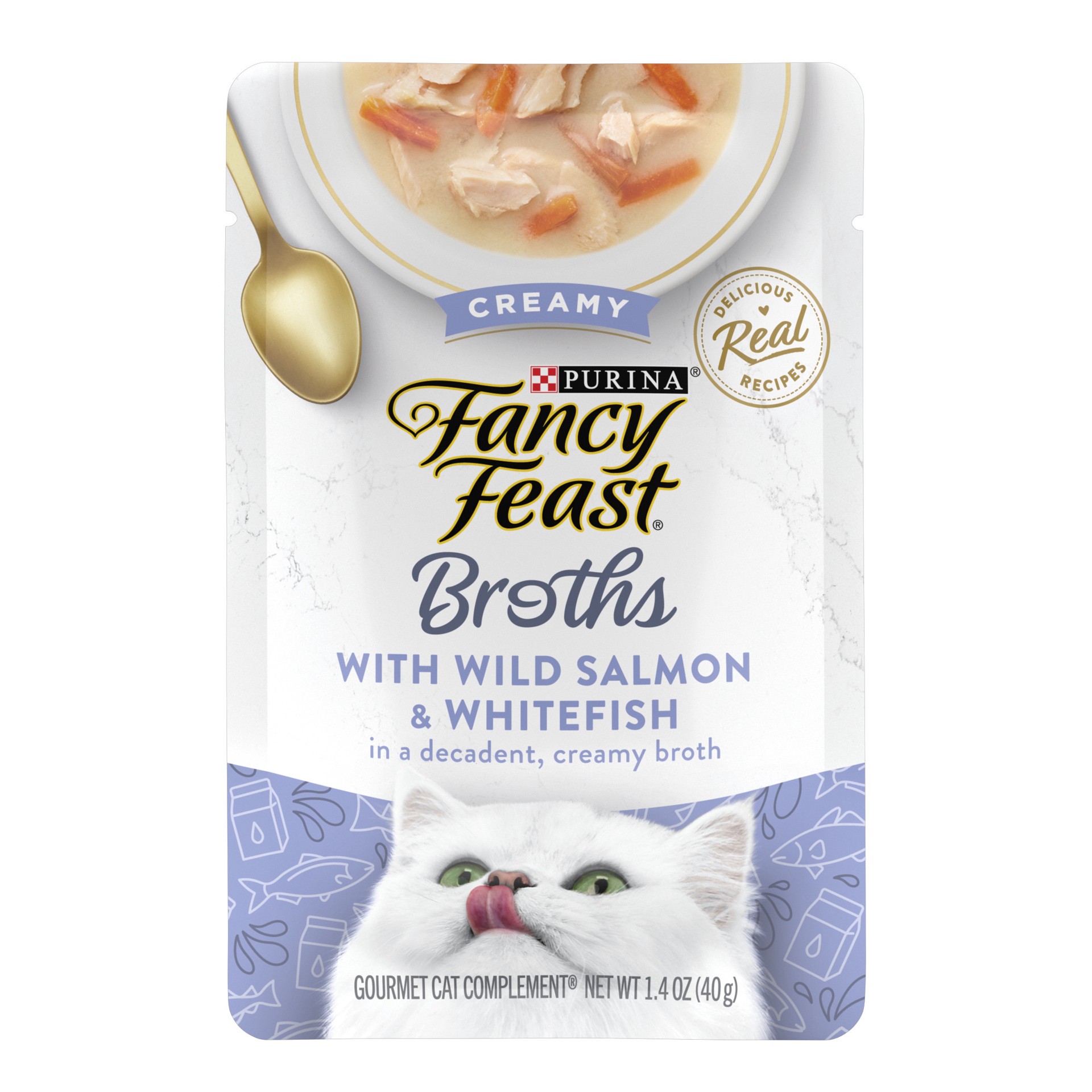 slide 1 of 7, Fancy Feast Purina Fancy Feast Lickable Wet Cat Food Broth Topper, Creamy Wild Salmon and Whitefish, 1.4 oz