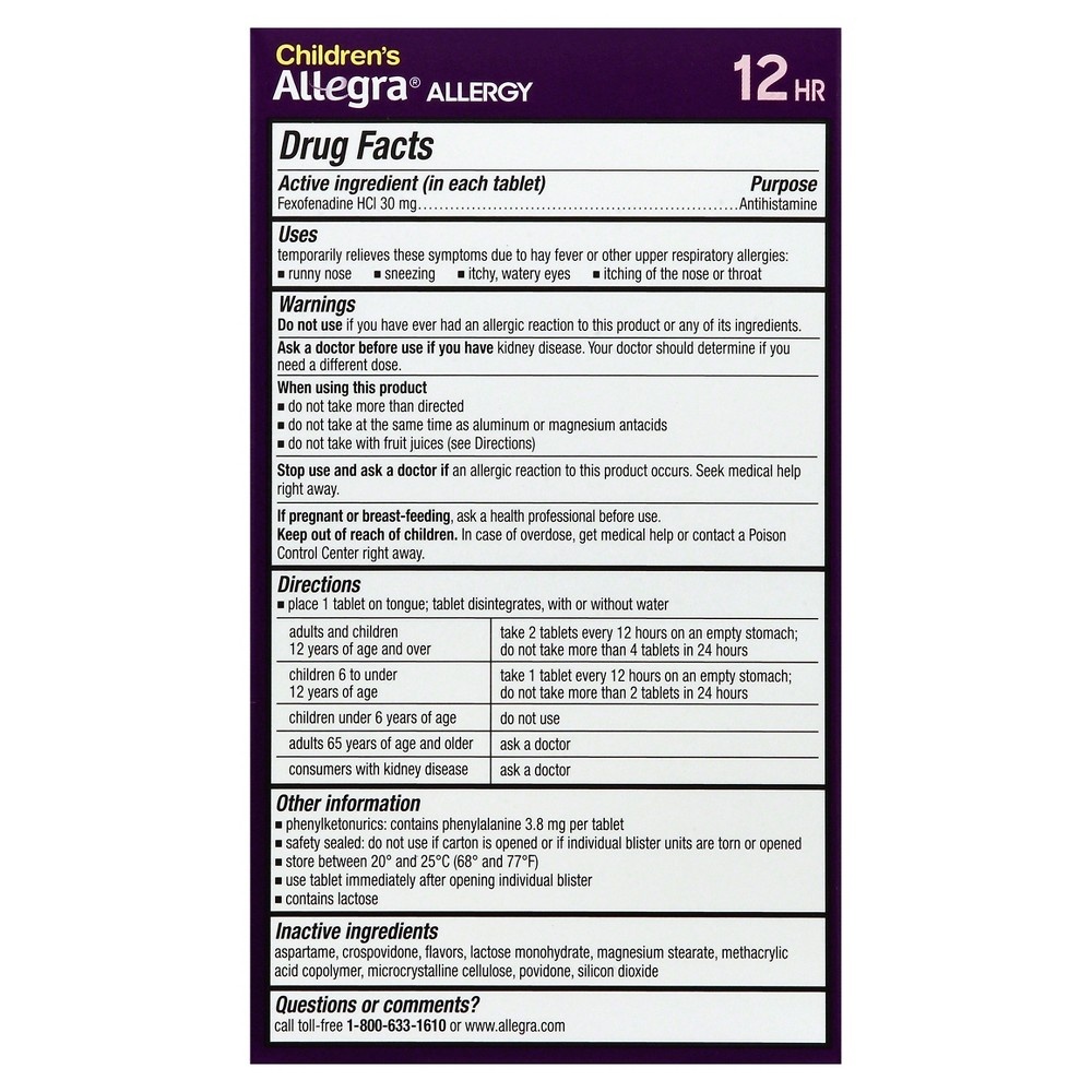 slide 2 of 2, Allegra Children's Non-Drowsy Allergy Tablets Orange Cream Flavor, 24 ct