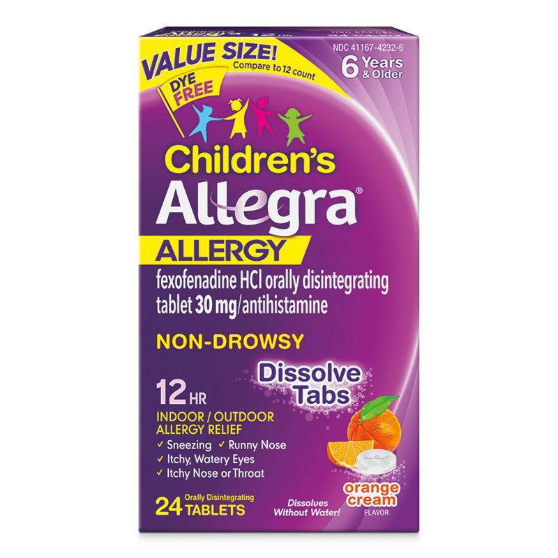 slide 1 of 9, Allegra Children's Non-Drowsy Allergy Tablets Orange Cream Flavor, 24 ct