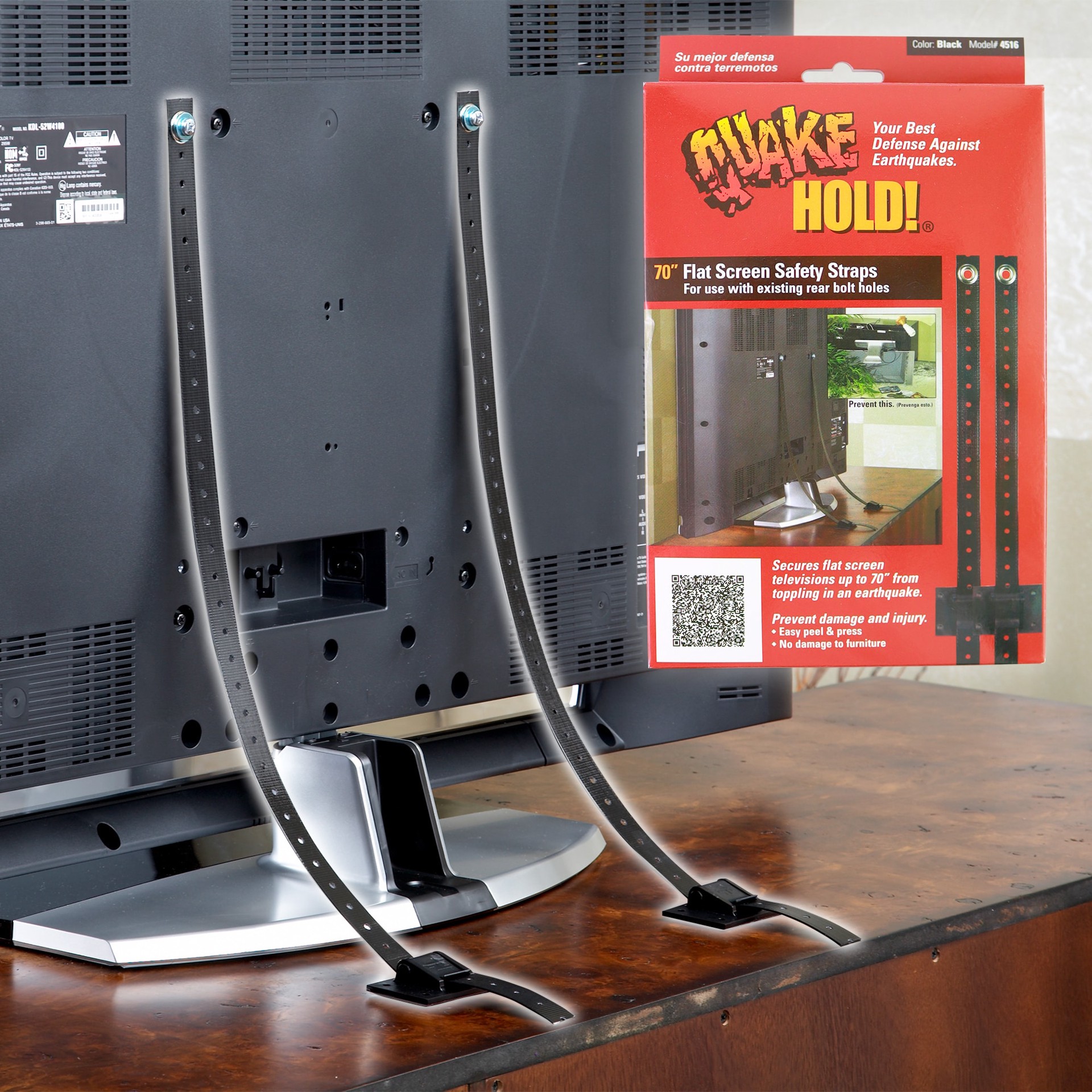 slide 6 of 6, QuakeHOLD! Black Nylon Furniture Securing Straps, 30-inch Length, Self-Adhesive, Screw-On, for Flat Screen TVs up to 70-in, Stops Tipping, Earthquake Safety, 1 ct