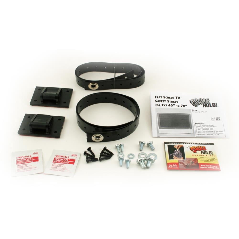 slide 1 of 6, QuakeHOLD! Black Nylon Furniture Securing Straps, 30-inch Length, Self-Adhesive, Screw-On, for Flat Screen TVs up to 70-in, Stops Tipping, Earthquake Safety, 1 ct
