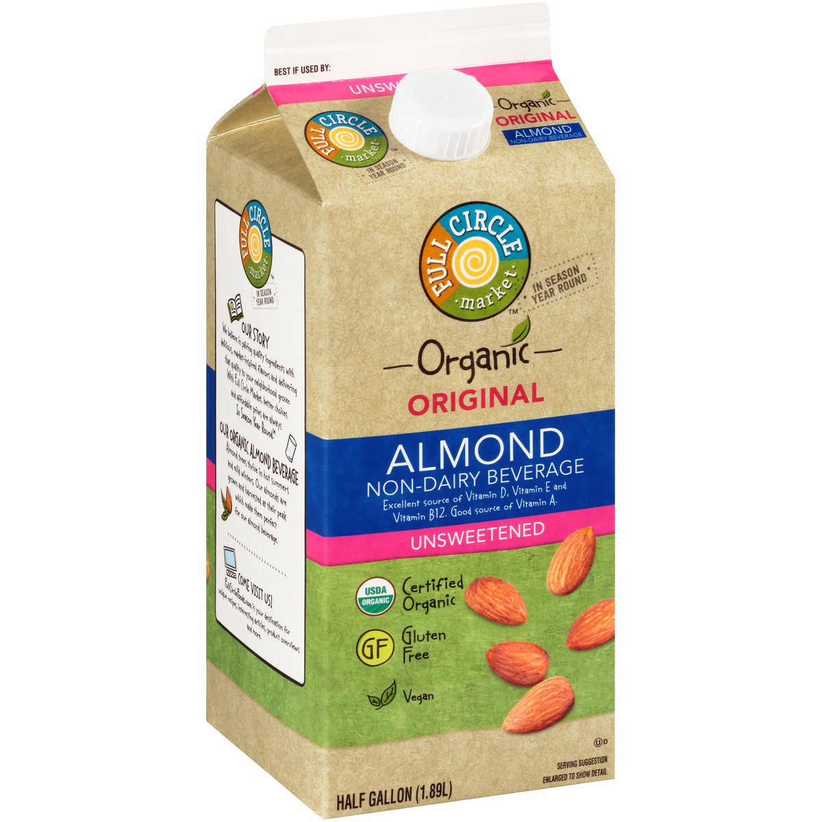 slide 2 of 9, Full Circle Market Unsweetened Original Almond Non-Dairy Beverage, 1/2 gal