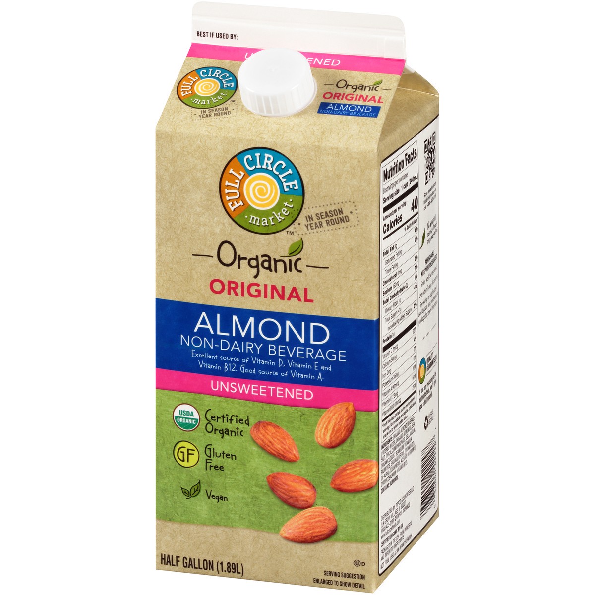 slide 6 of 9, Full Circle Market Unsweetened Original Almond Non-Dairy Beverage, 1/2 gal