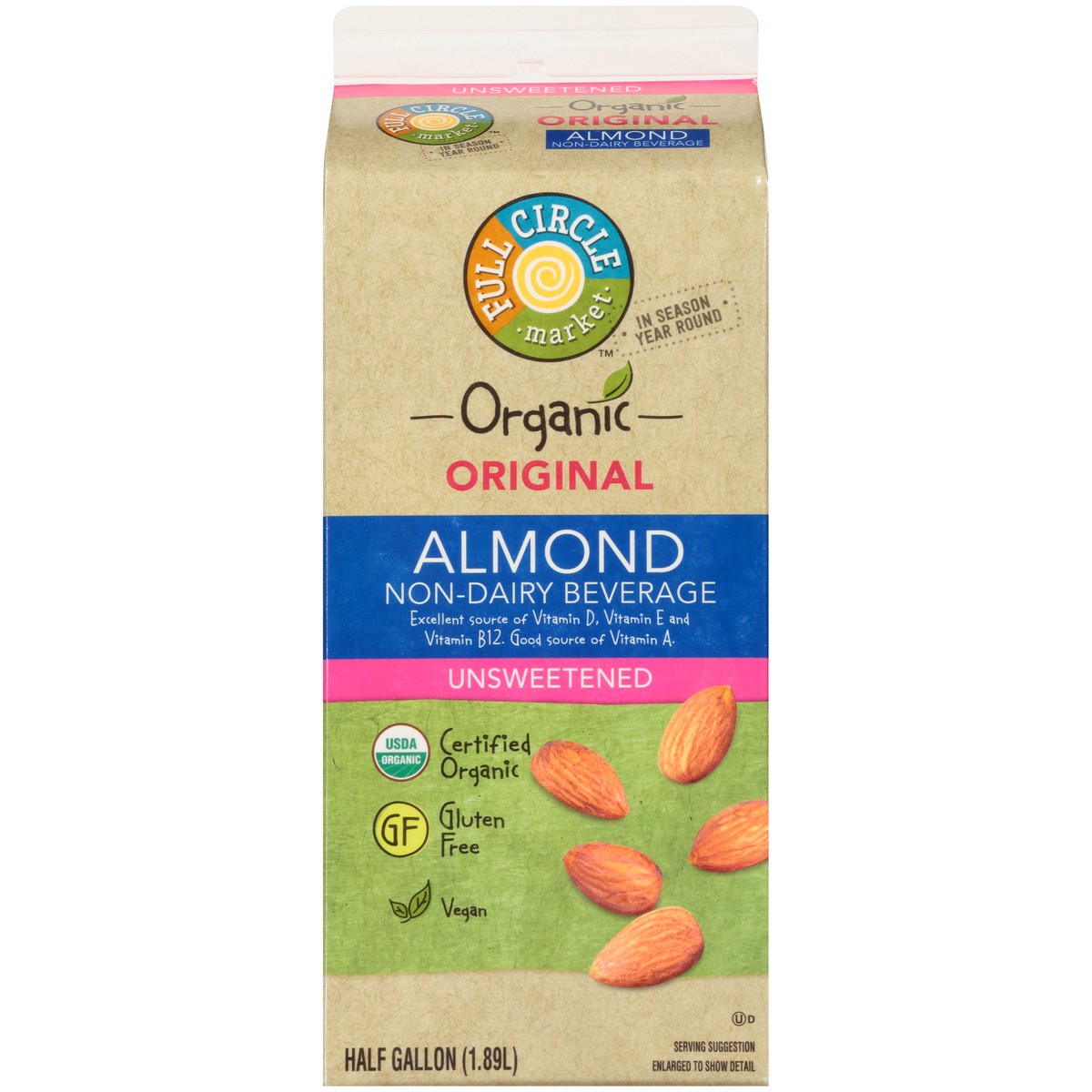 slide 5 of 9, Full Circle Market Unsweetened Original Almond Non-Dairy Beverage, 1/2 gal