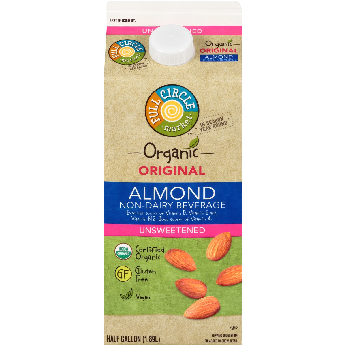 slide 1 of 9, Full Circle Market Unsweetened Original Almond Non-Dairy Beverage, 1/2 gal