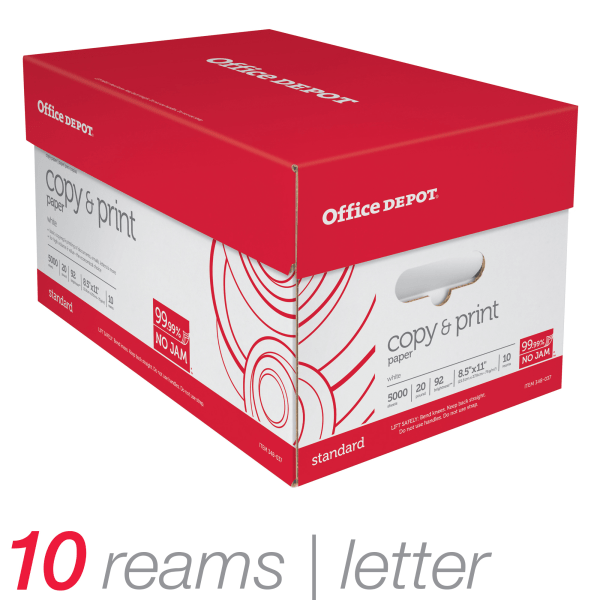 slide 3 of 5, Office Depot Multi-Use Printer & Copy Paper, 10 Reams, White, Letter (8.5"" X 11""), 5000 Sheets Per Case, 20 Lb, 92 Brightness, 5000 ct