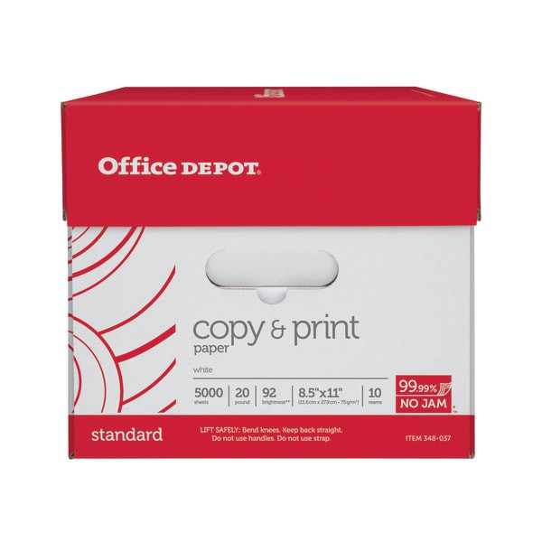 slide 4 of 5, Office Depot Multi-Use Printer & Copy Paper, 10 Reams, White, Letter (8.5"" X 11""), 5000 Sheets Per Case, 20 Lb, 92 Brightness, 5000 ct