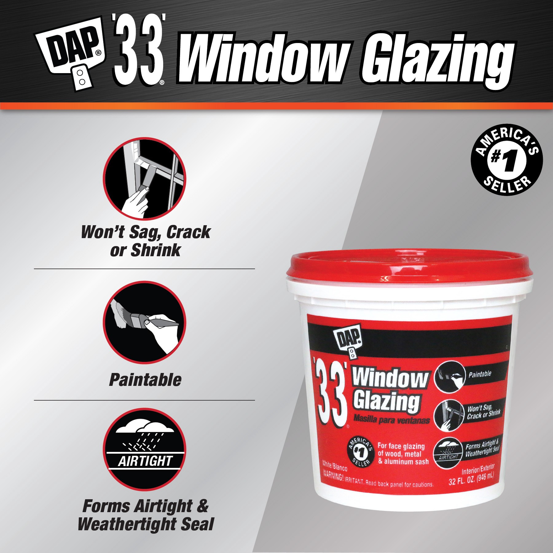slide 2 of 6, DAP White Interior/Exterior Waterproof , Window glazing compound 32 Fluid ounce(s), 1 ct