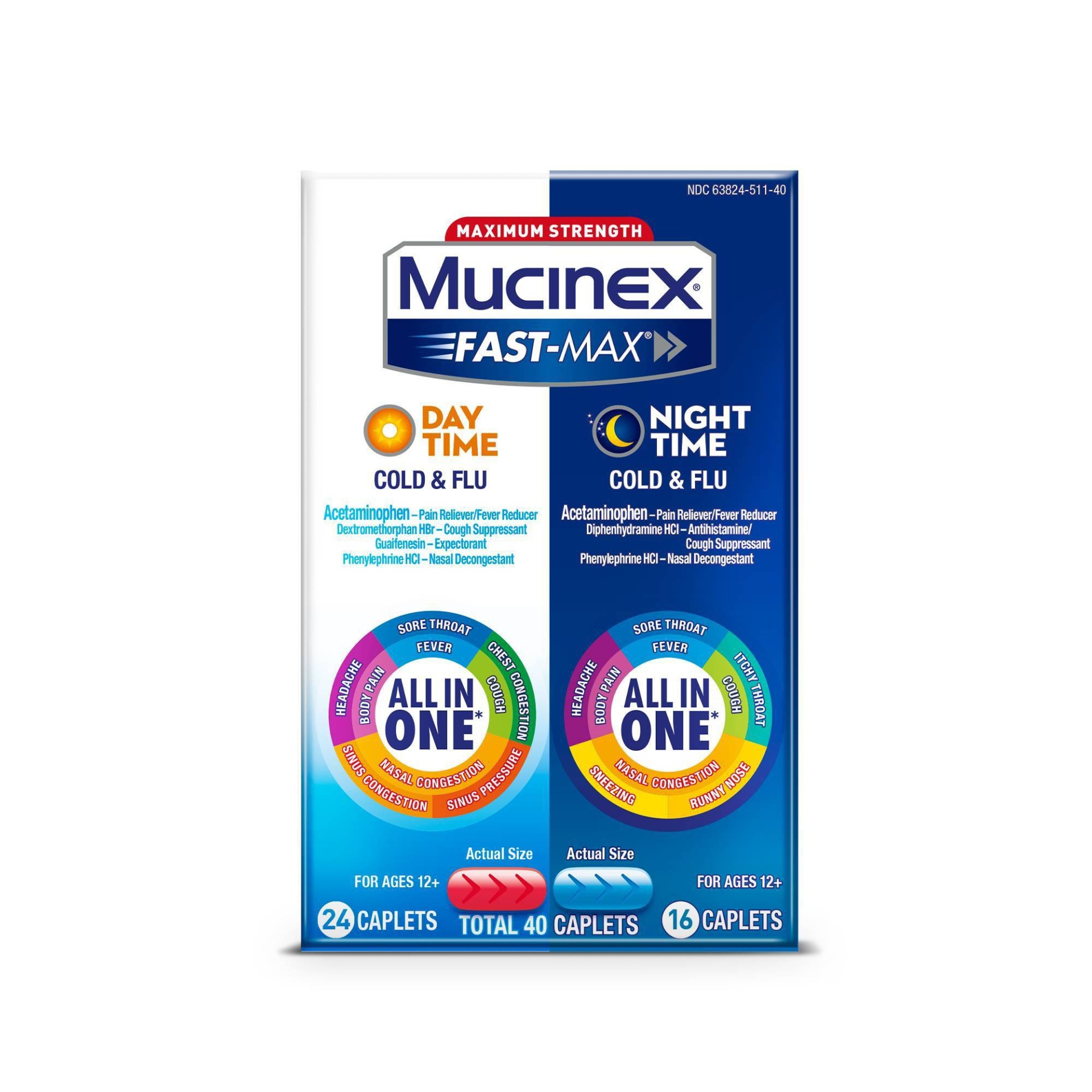 slide 1 of 2, Mucinex All In One Daytime and Nighttime Cold And Flu Caplets, 40 ct