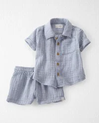 Baby Boy 2-Piece Organic Cotton Gauze Top & Short Set - Blue Stripes - 24M