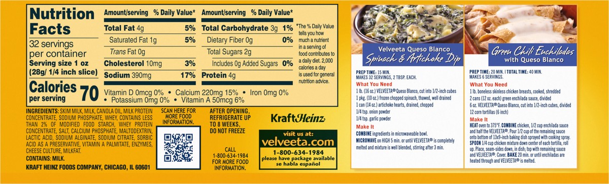 slide 4 of 9, Velveeta Queso Blanco Cheese, 32 oz Block, 32 oz