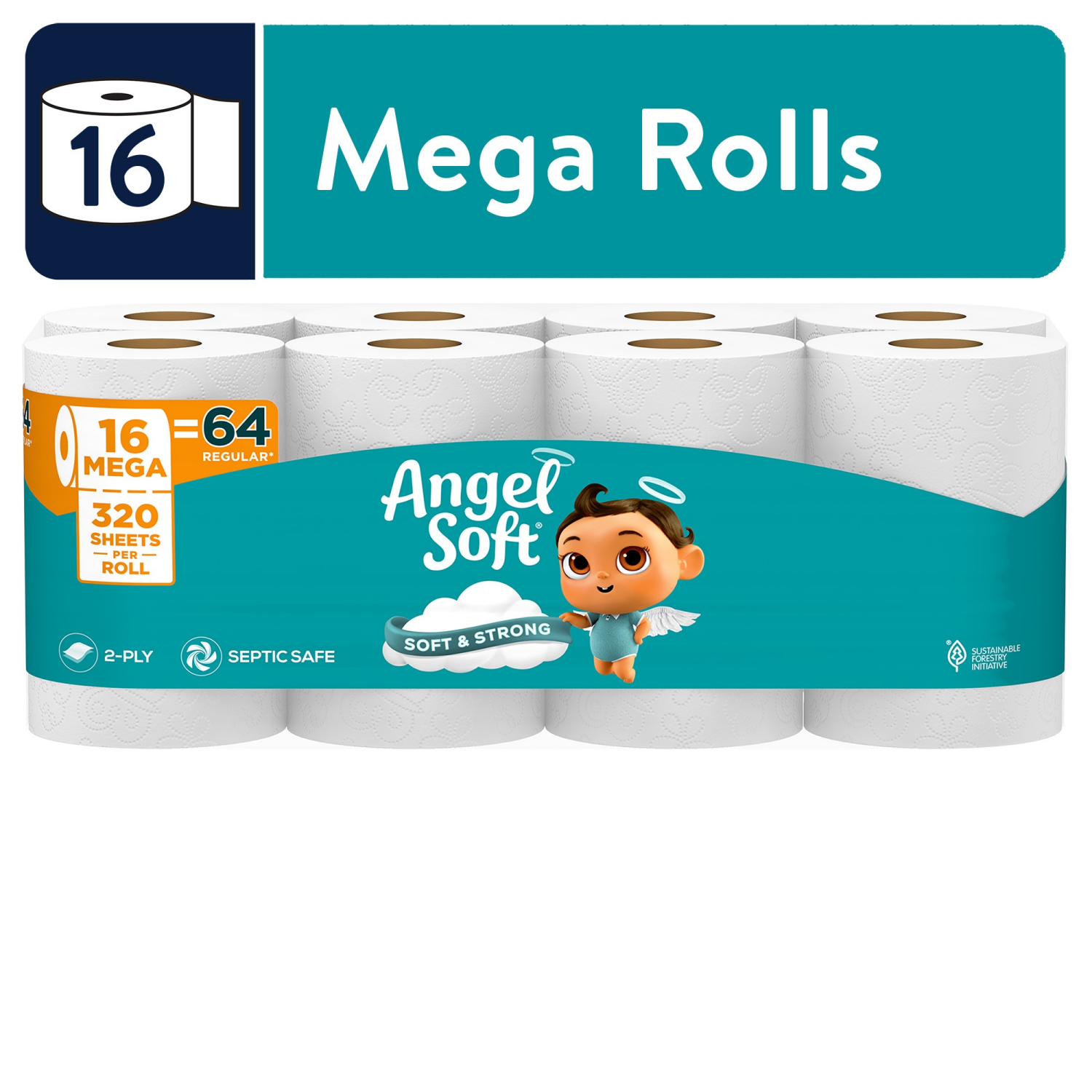 slide 1 of 8, Angel Soft Bathroom Tissue, 2-Ply, Unscented, Mega Roll, 16 ct