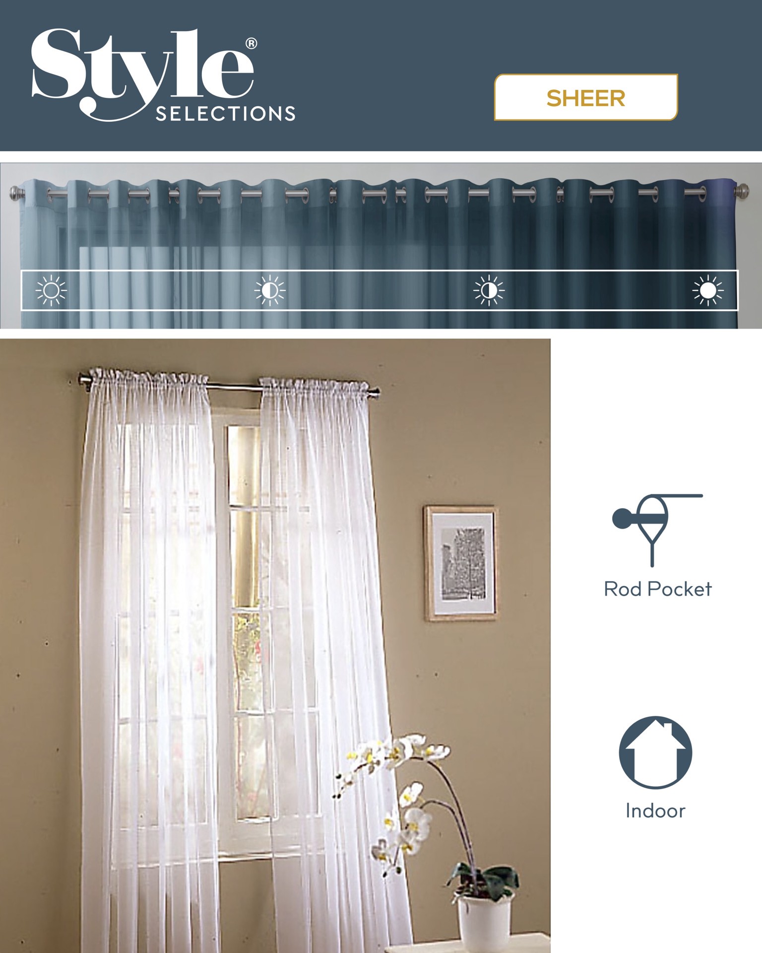 slide 2 of 3, Style Selections 63-in White Sheer Rod pocket Single curtain panel, 1 ct