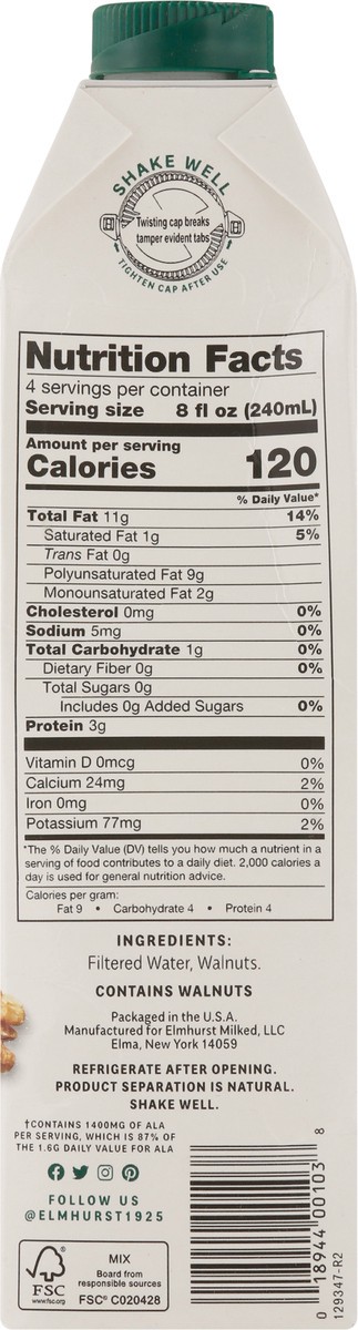 slide 2 of 12, Elmhurst Unsweetened Milked Walnuts Non-dairy Beverage, 32 oz