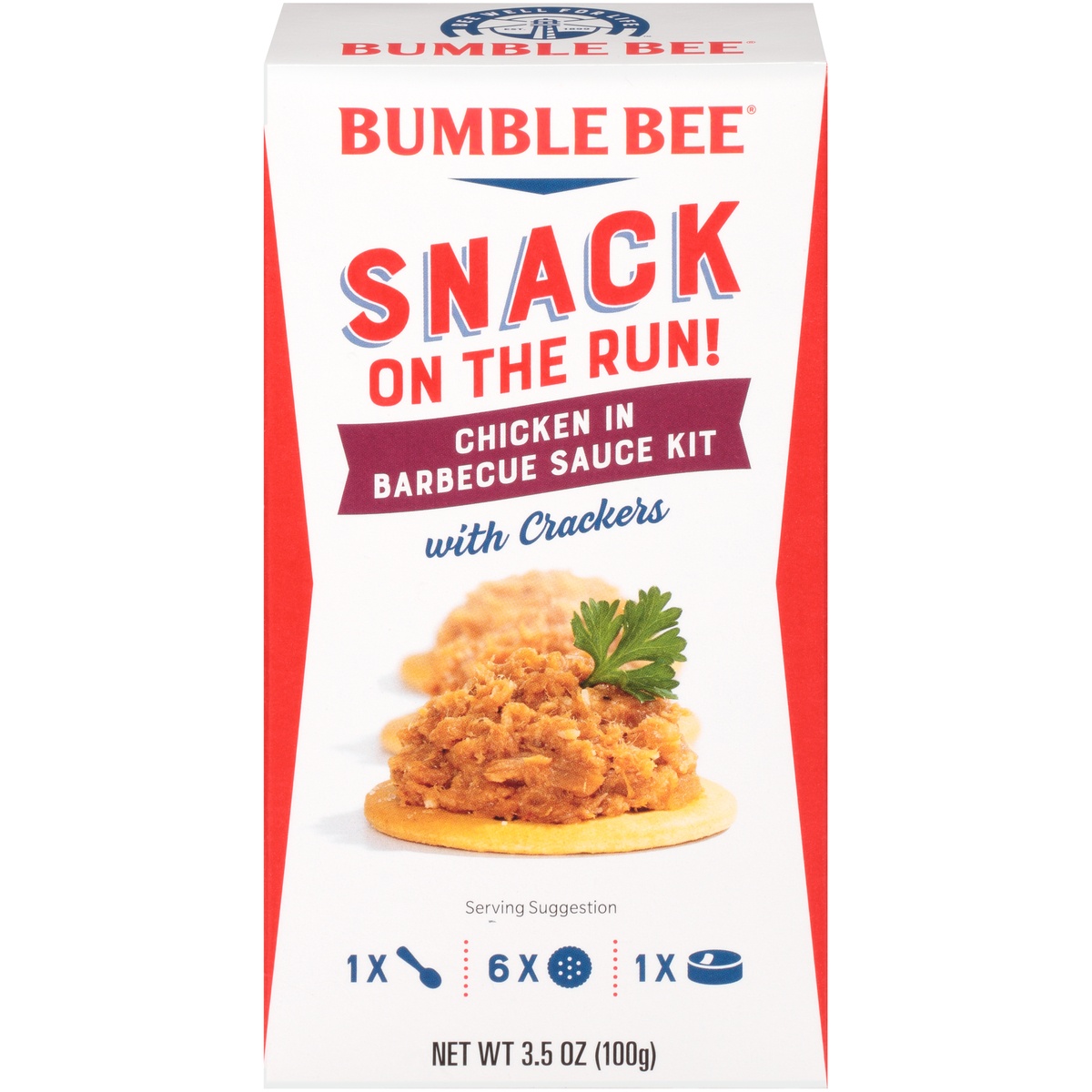 slide 1 of 9, Bumble Bee Snack on the Run! Chicken in Barbecue Sauce with Crackers Kit 3.5 oz. Box, 