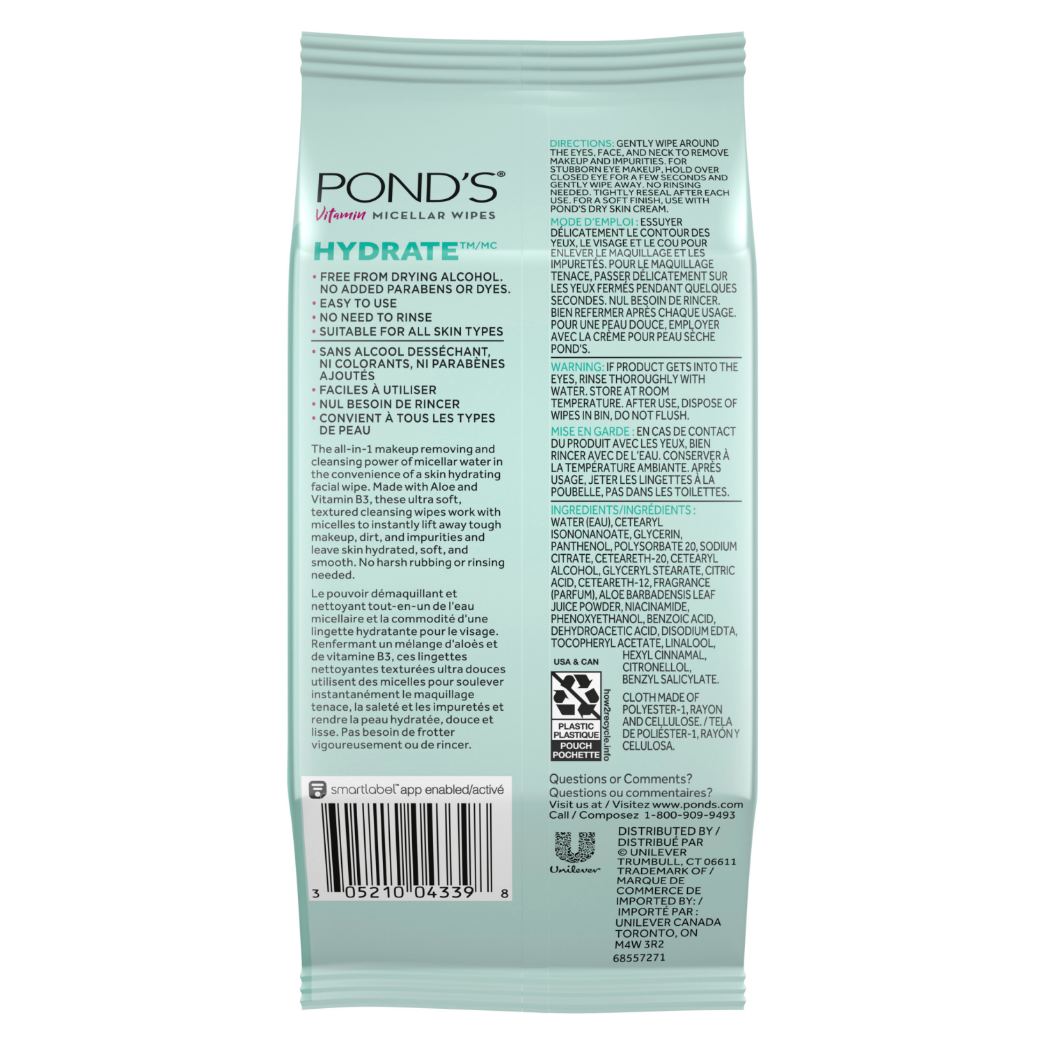 slide 3 of 8, Pond's Vitamin micellar wipes hydrate aloe vera 25 Wipes, 25 ct