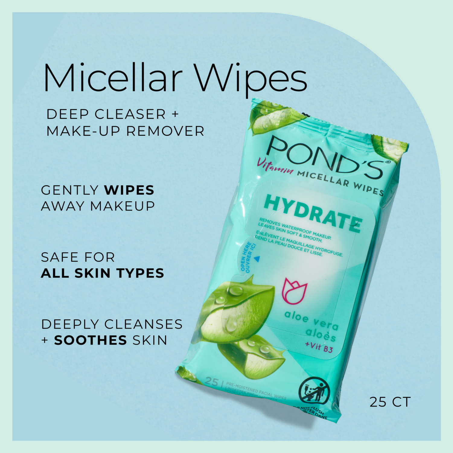 slide 6 of 8, Pond's Vitamin micellar wipes hydrate aloe vera 25 Wipes, 25 ct