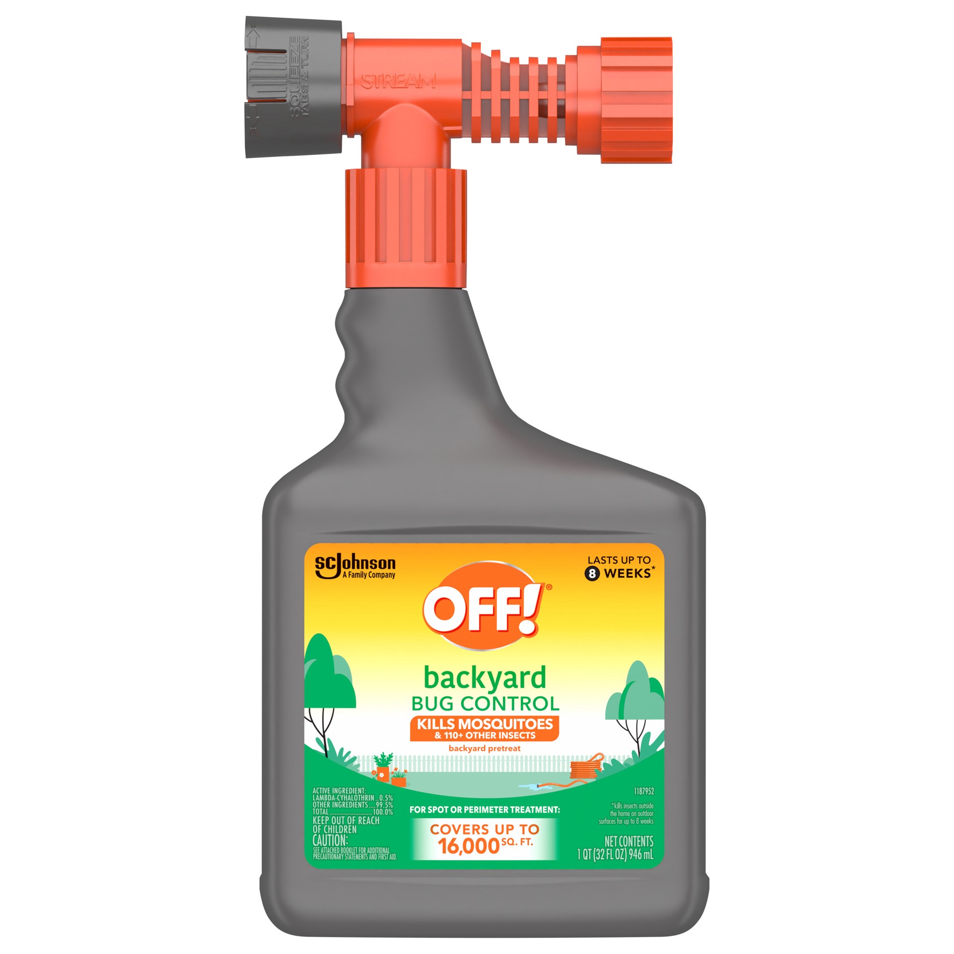 slide 1 of 5, OFF! Backyard Bug Control Pretreat, 32 oz, 1 CT, Outdoor Bug Treatment, Covers up to 16,000 sq. ft., Kills for up to 8 Weeks, With a Convenient Hose Connection, 32 fl oz