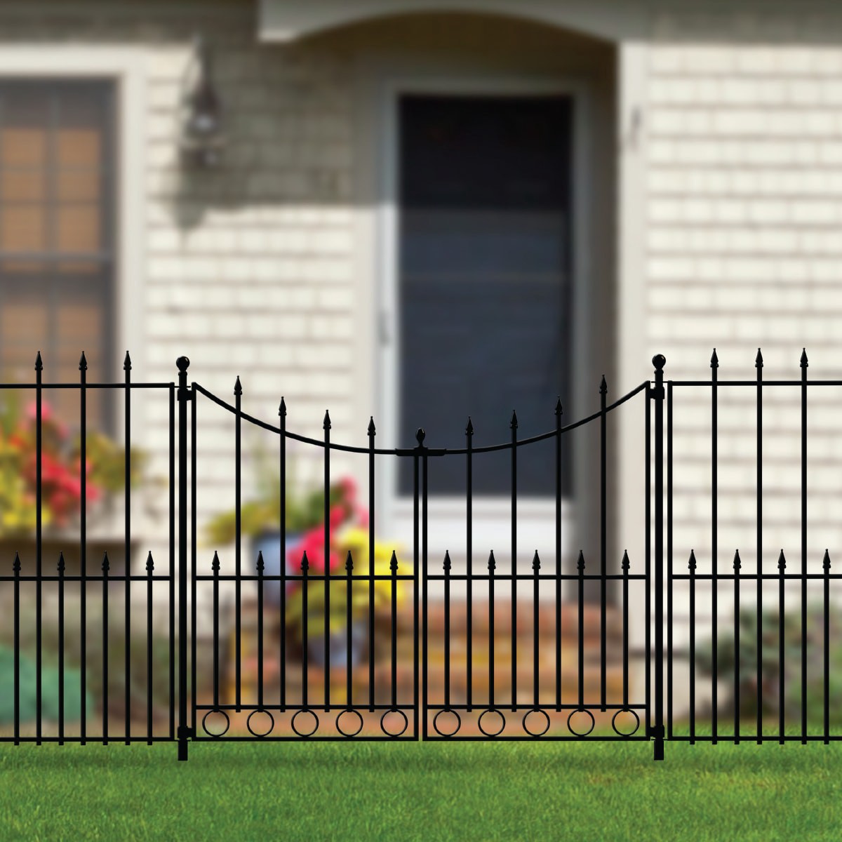 slide 2 of 6, YARDLINK Grand Empire 3-ft H x 4-ft W Powder-coated Steel No Dig Decorative Walk-thru Decorative metal Fence gate, 1 ct