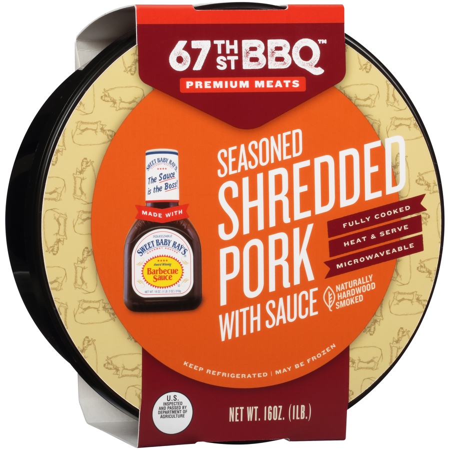 slide 2 of 8, 67th Street BBQ Seasoned Shredded Pork with Sauce, 16 oz