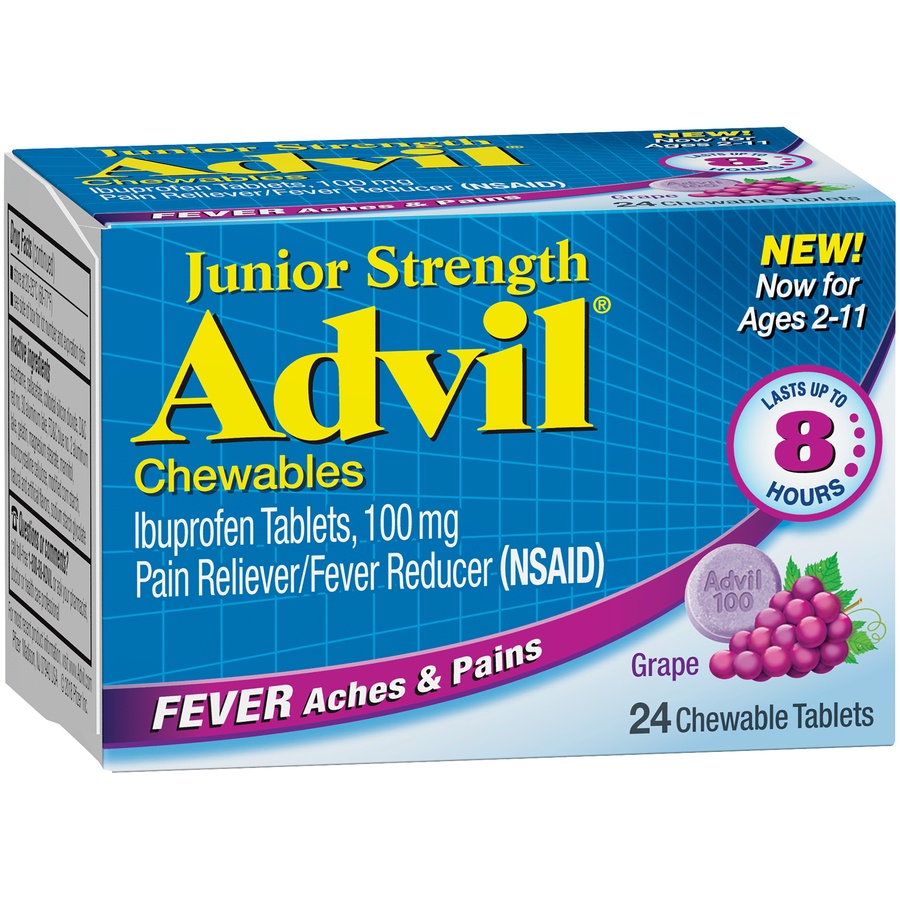 slide 3 of 7, Advil Junior Strength Grape Flavored Chewable Tablets, 24 ct