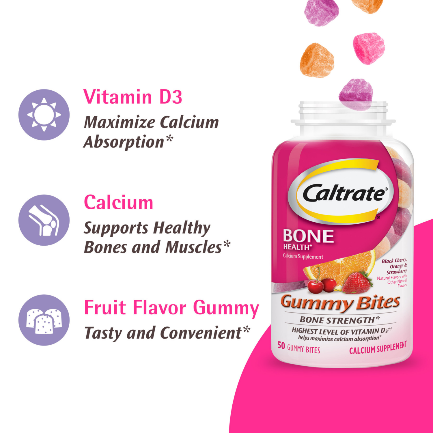 slide 5 of 5, Caltrate Gummy Bites 500 mg Calcium and Vitamin D Supplement, Fruit Flavors, 100 Count, 100 ct