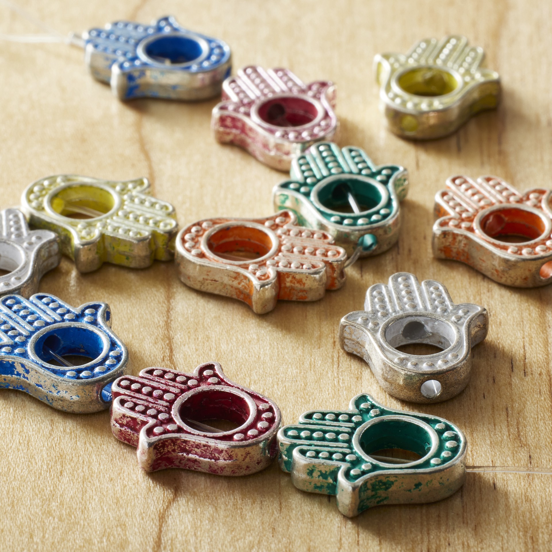 slide 3 of 3, Multicolor Hamsa Metal Hand Beads, 15mm By Bead Landing, 15mm