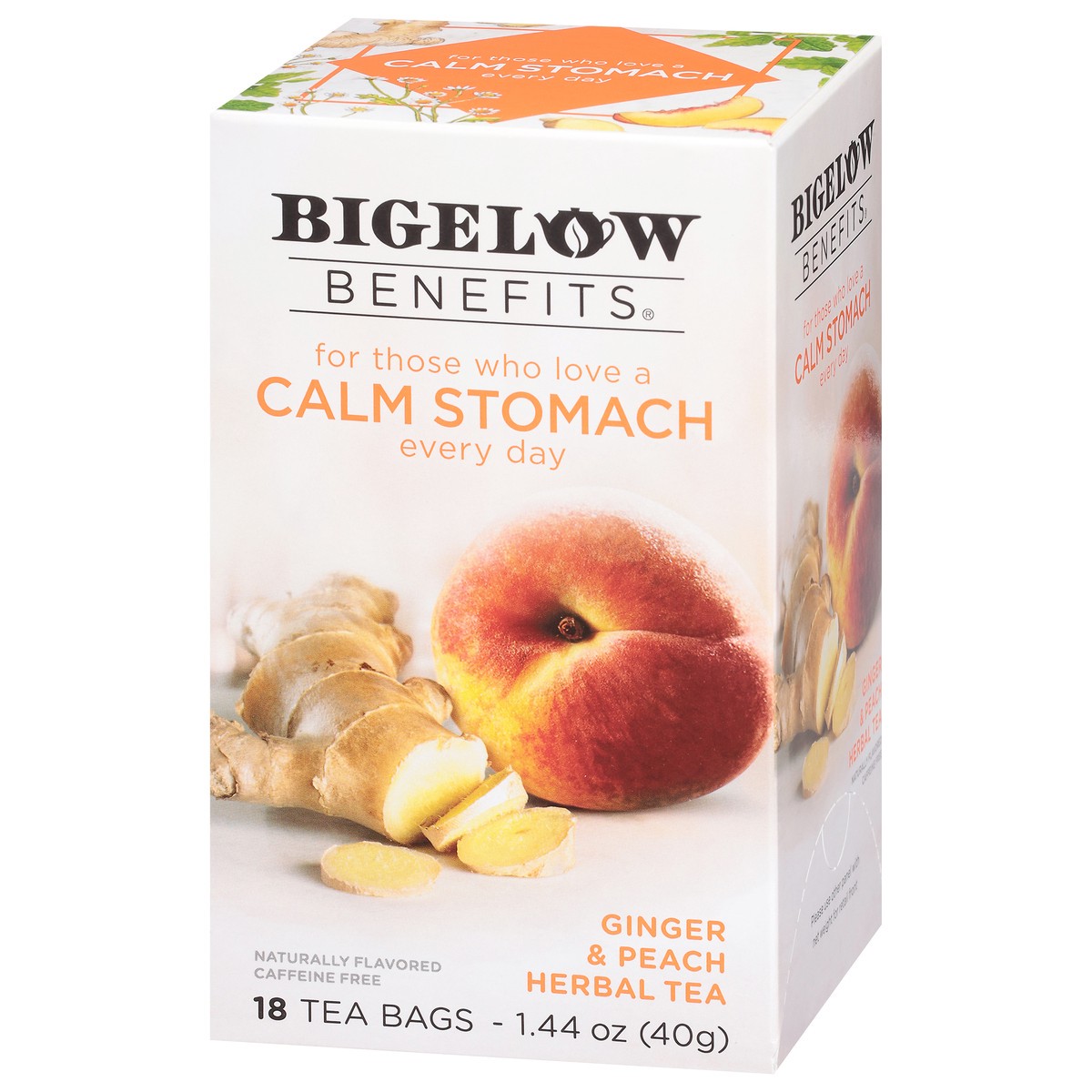 slide 2 of 9, Bigelow Benefits Caffeine Free Calm Stomach Ginger & Peach Herbal Tea Bag 18 Tea Bags - 18 ct, 18 ct