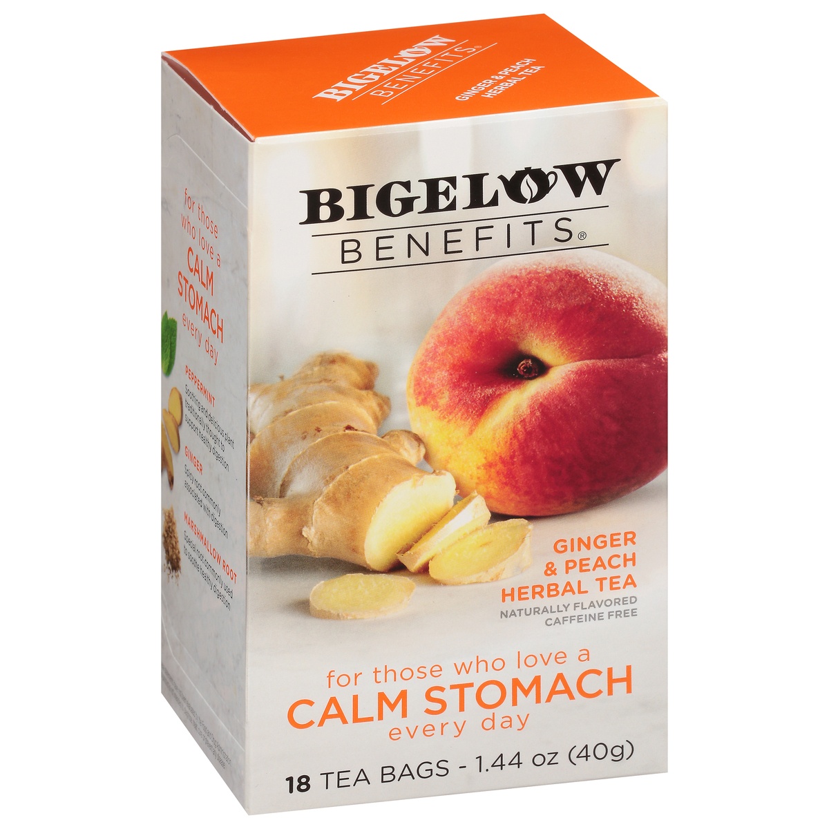 slide 1 of 1, Bigelow Benefits Ginger Peach Calm Stomach Herbal Tea Bags, 18 ct