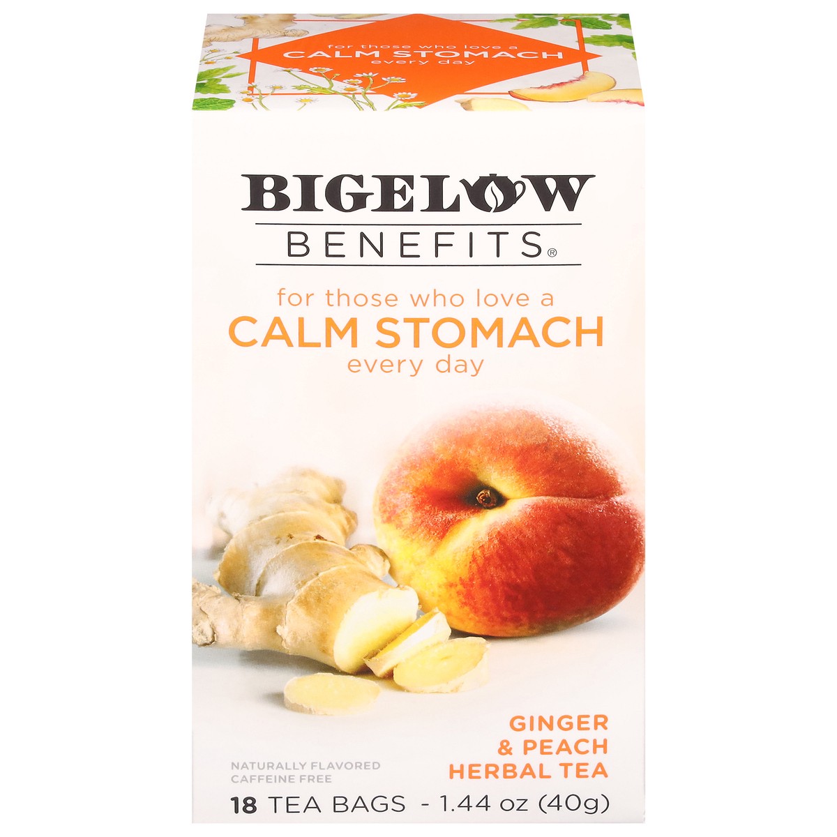 slide 1 of 9, Bigelow Benefits Caffeine Free Calm Stomach Ginger & Peach Herbal Tea Bag 18 Tea Bags - 18 ct, 18 ct