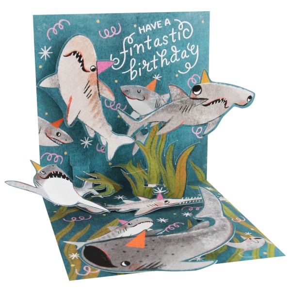 slide 1 of 1, Up With Paper Summer Pop-Up Greeting Card With Envelope, Half Fold, 5-1/4" X 5-1/4", Sharks, 1 ct