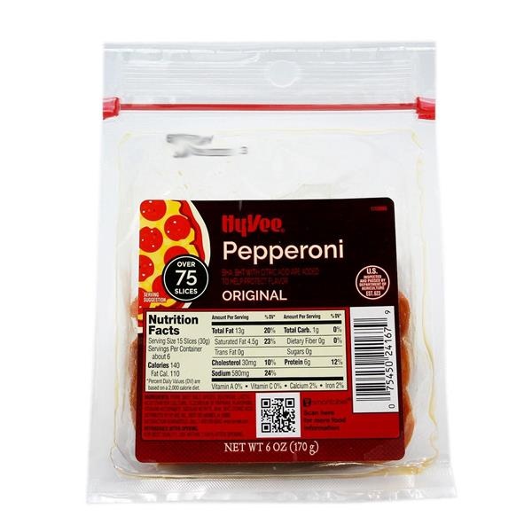 slide 1 of 1, Hy-Vee Pepperoni Original, 6 oz