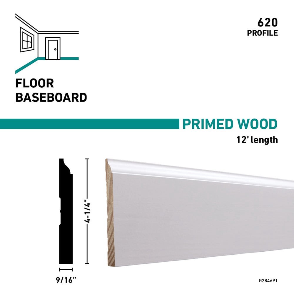 slide 2 of 3, RELIABILT 9/16-in x 4-1/4-in x 12-ft Traditional Primed Finger Jointed Pine 620 Baseboard Moulding, 1 ct
