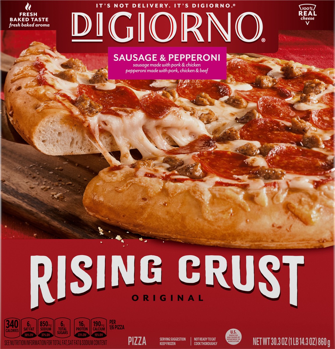 slide 7 of 9, DiGiorno Rising Crust Sausage and Pepperoni Pizza, 30.3 oz (Frozen), 30.3 oz