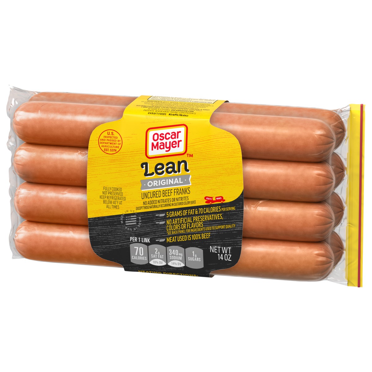 slide 4 of 9, Oscar Mayer Lean Beef Uncured Franks Hot Dogs, 8 ct. Pack, 8 ct
