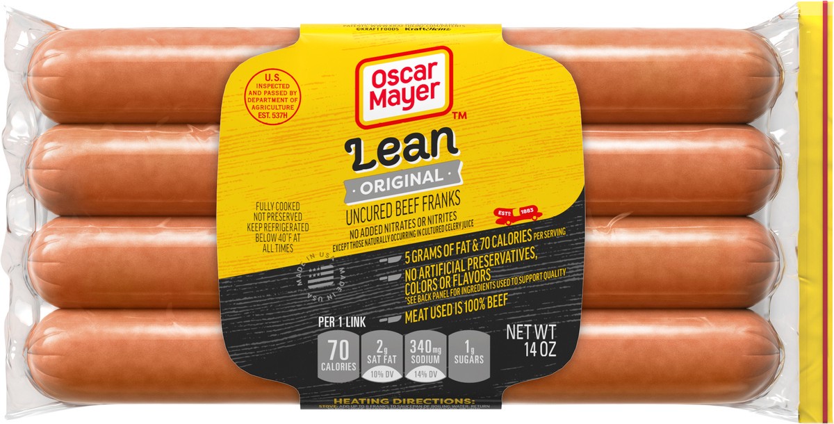 slide 8 of 9, Oscar Mayer Lean Beef Uncured Franks Hot Dogs, 8 ct. Pack, 8 ct