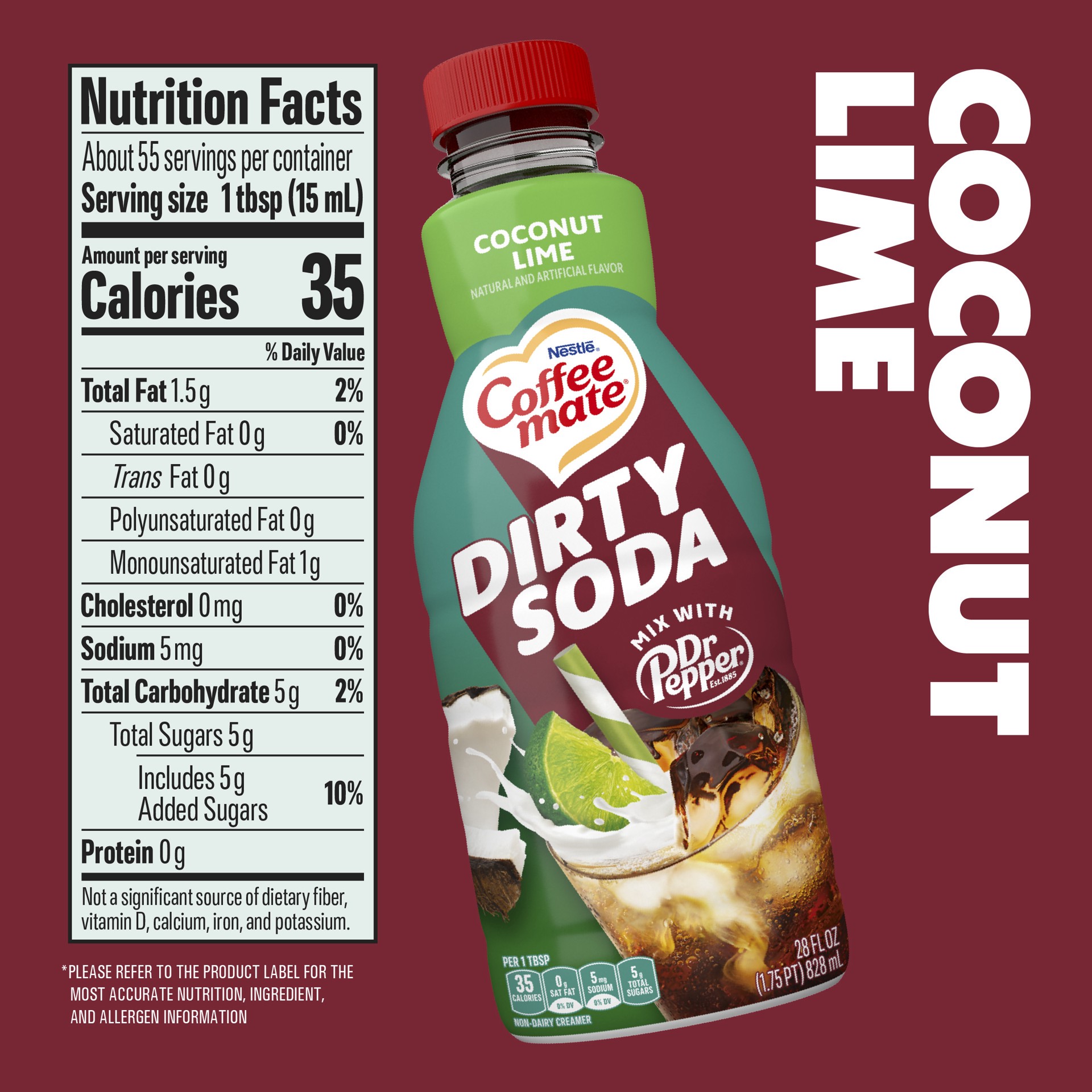 slide 5 of 7, Coffee-Mate Coffee mate Dirty Soda Creamer, Coconut Lime Flavored Liquid Creamer, Mix with Dr Pepper, 28 fl oz