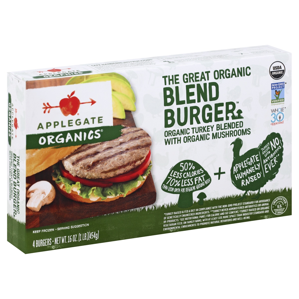 slide 1 of 3, Applegate Organics The Great Organic Turkey & Mushroom Blend Burger 4Ct, 16 oz