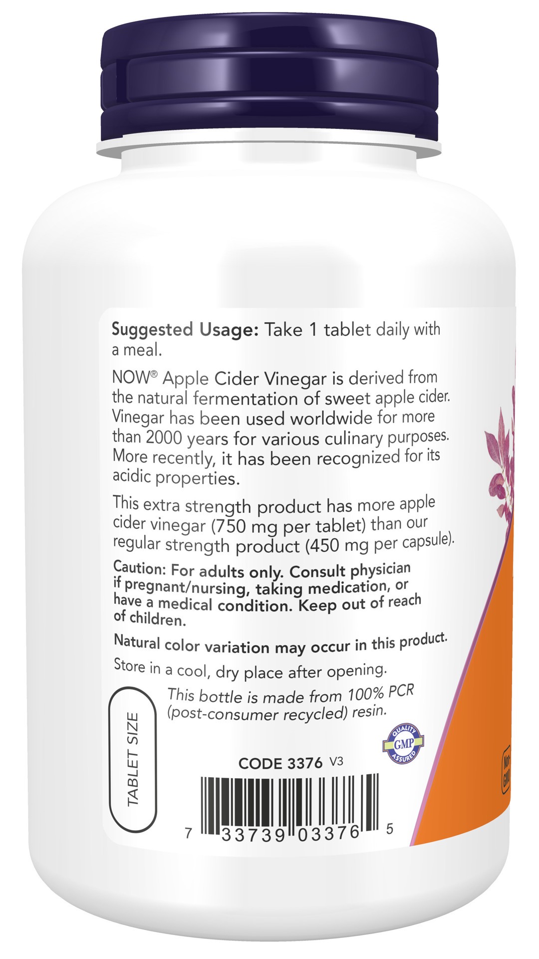 slide 4 of 4, NOW Apple Cider Vinegar, Extra Strength 750 mg - 180 Tablets, 750 mg