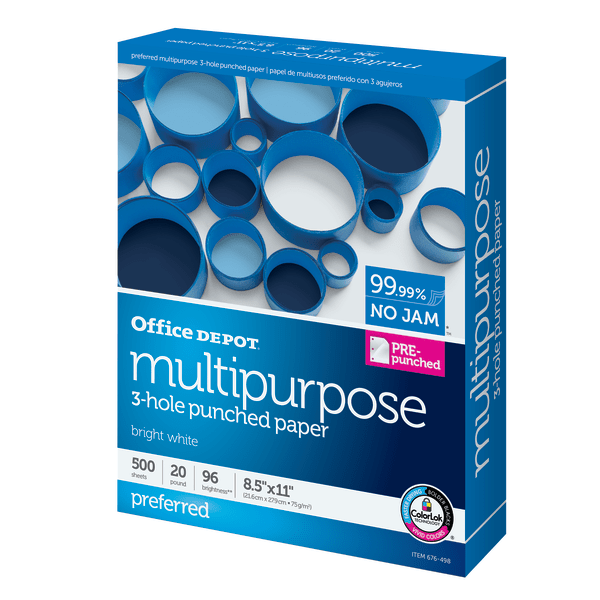 slide 3 of 10, Office Depot Multi-Use Paper, Premium, 3-Hole Punched, Letter Size 96 (U.S.) Brightness, 500 ct; 8 1/2 in x 11 in; 20 lb