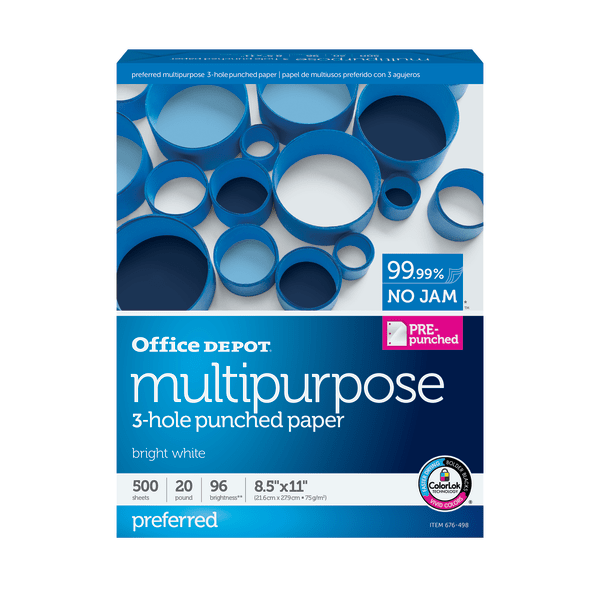 slide 4 of 10, Office Depot Multi-Use Paper, Premium, 3-Hole Punched, Letter Size 96 (U.S.) Brightness, 500 ct; 8 1/2 in x 11 in; 20 lb