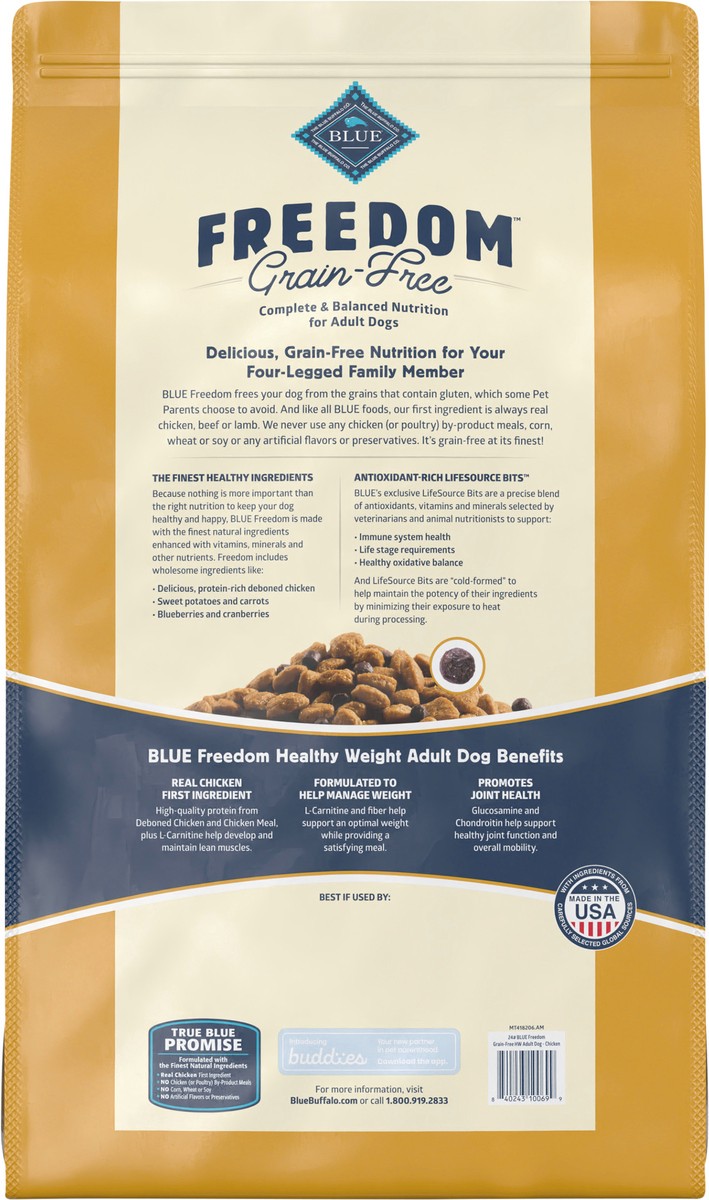 slide 5 of 9, Blue Buffalo Blue Freedom Grain Free Healthy Weight Chicken Recipe Dog Food, 24 lb